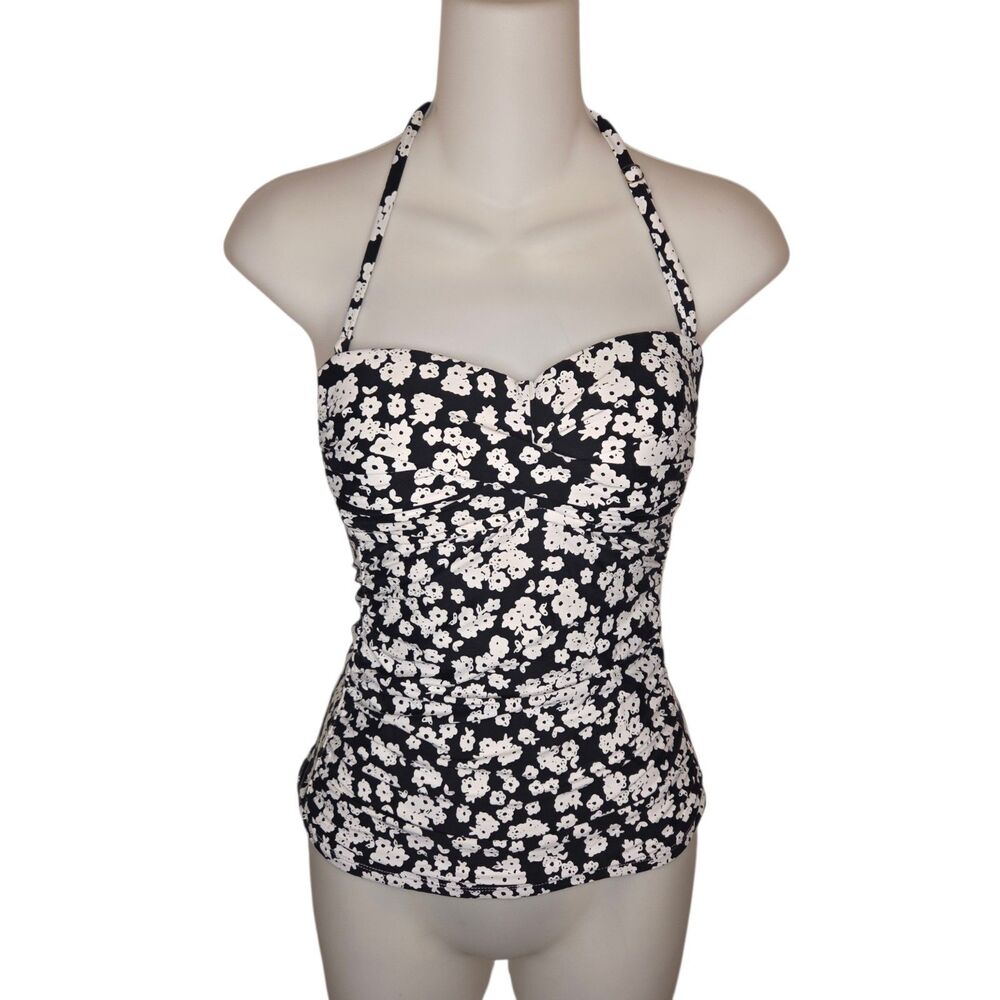 Anne Cole Floral Tankini Top Size XS Black White Halter Ruched Tummy Control